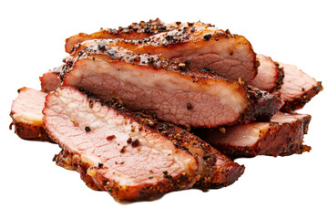 Sliced smoked brisket on a white background, showcasing texture