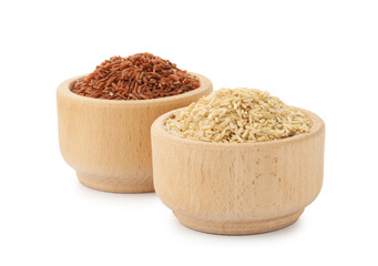 Different sorts of raw brown rice isolated on white