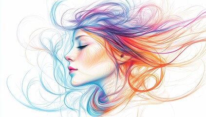Abstract woman portrait with colorful flowing hair