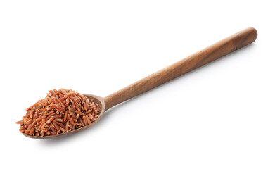 Raw brown rice and spoon isolated on white