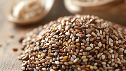 Naklejka premium Close-up of Mixed Sesame Seeds Pile on Wooden Surface