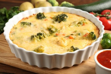 Delicious vegetable casserole, sauce and ingredients on wooden table, closeup