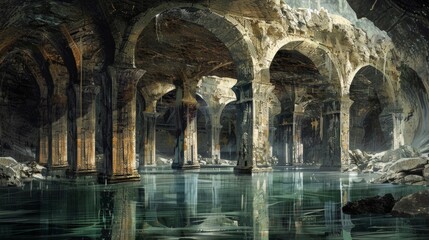 Naklejka premium Ancient arches and columns in an underground space filled with water give the impression of a lost world, suitable for historical or mystical projects.