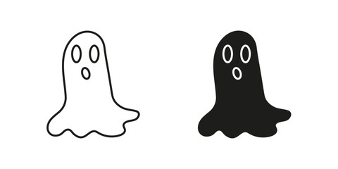 Scary Ghost Line and Silhouette Icon Set. Spooky Halloween Spirit Symbol. Editable Stroke. Isolated Vector Illustration