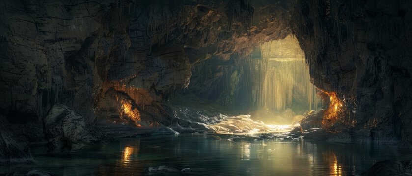 A mesmerizing view of an underground cave with a waterfall and illuminated stalactites, creating an atmosphere of mystery and adventure, perfect for illustrations in fantasy books or adventure games. - Powered by Adobe