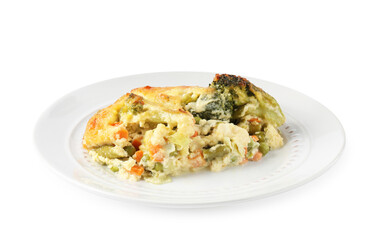 Tasty vegetable casserole with cheese isolated on white