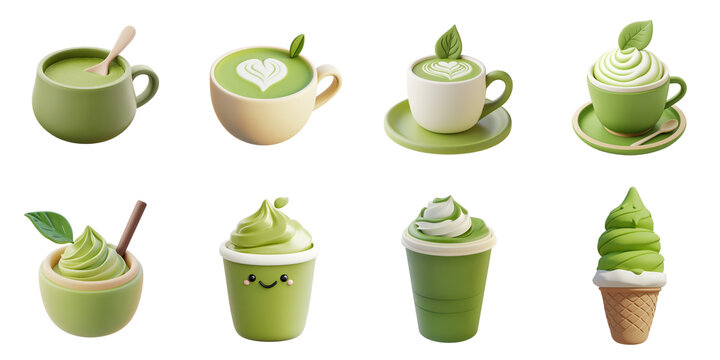 Set of matcha greentea latte png mockup in plasticine without background for decoration.