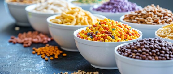 Brightly colored cereals in bowls on blue background, suitable for articles about healthy eating, cooking blogs and food advertising.