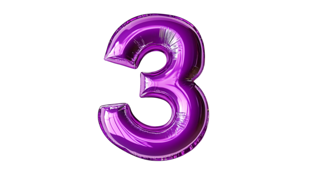 glossy purple number 3, vibrant and modern typography, Transparent Background PNG