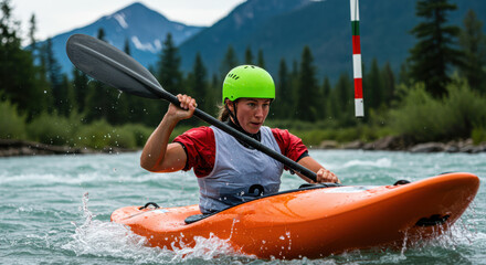 Woman Kayaking Whitewater Slalom Course, Mountain Backdrop