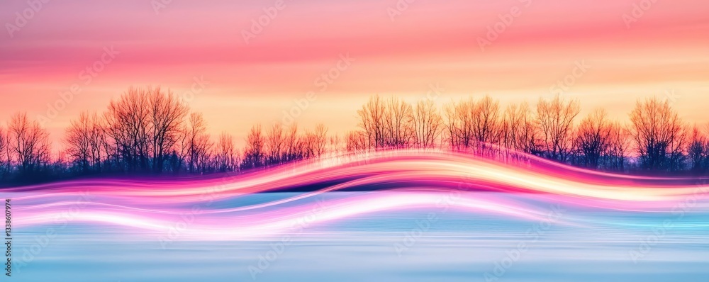 Poster sunset landscape abstract background idea. vibrant landscape with colorful waves and silhouette tree