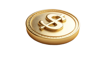 Gold coin with embossed dollar sign, bright and reflective, symbolizing wealth and prosperity, Transparent Background PNG
