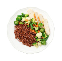 Tasty brown rice with vegetables and chicken isolated on white, top view