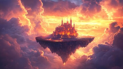 Fototapeta premium A castle floating on an island in the sky, glowing clouds around it --ar 16:9 --v 6.1 Job ID: 2d20667c-26cd-4eb5-9e08-ce64d977d389