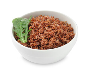 Tasty brown rice and arugula in bowl isolated on white