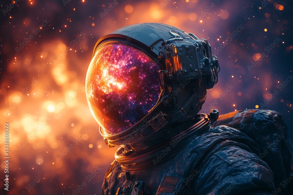 Poster an astronaut's helmet with the reflection of a colorful bright nebula within it.