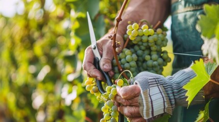 Hands of a grape grower with scissors, suitable for articles about winemaking and agriculture.