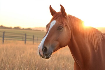 Fototapeta premium Beautiful chestnut horse enjoying sunset in open field with warm golden light and soft grass