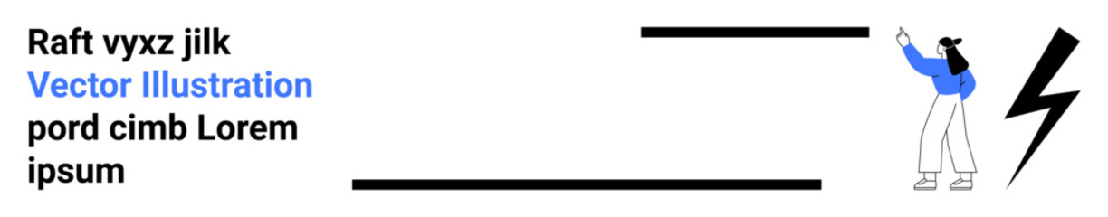 Obraz premium Individual in blue attire stretching upward near dynamic lightning bolt. Ideal for motivation, ambition, personal growth, empowerment, progress, bold actions, simple landing page