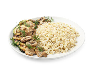 Delicious brown rice with mushrooms and dill isolated on white