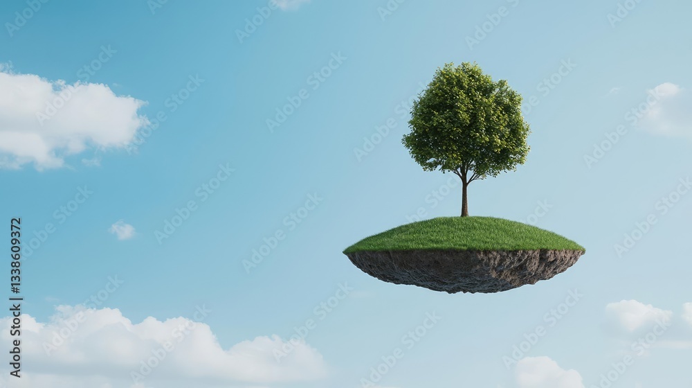 Poster negative space design abstract background concept. a lone tree grows on an isolated island, symboliz