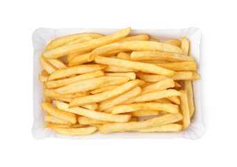 Many delicious French fries isolated on white, top view