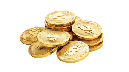 Golden dollar coins and dollar signs, finance, banking, and investment concept, realistic metallic shine, Transparent Background PNG