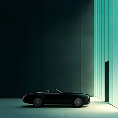 Sleek black convertible car parked in a modern, minimalist garage with teal walls.