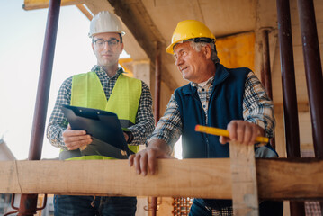 Construction workers discussing blueprint on building site