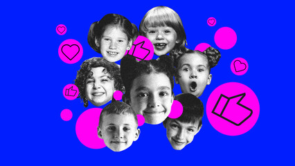Happy children surrounded by digital approval icons. Symbolizing trust, brand engagement, and positive testimonials. Concept of business, emotional connection, and audience response. Photocopy effect.