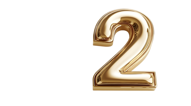 Golden number "2" in a glossy and elegant style, 3D rendered typography, Transparent Background PNG