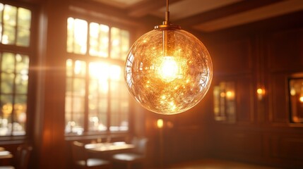 Warm-lit glass sphere pendant lamp in a sunlit room