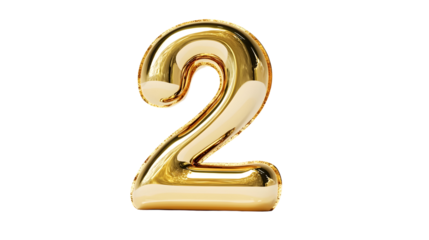Golden number "2" in a glossy and elegant style, 3D rendered typography, Transparent Background PNG