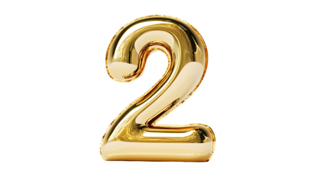 Golden number "2" in a glossy and elegant style, 3D rendered typography, Transparent Background PNG
