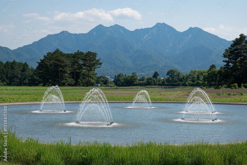 Poster Water fountains create a refreshing display in a serene pond surrounded by mountains on a sunny day