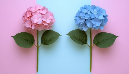 Obraz premium Pink and blue Hydrangea flowers arranged on minimalist pastel background with copy space, top view.