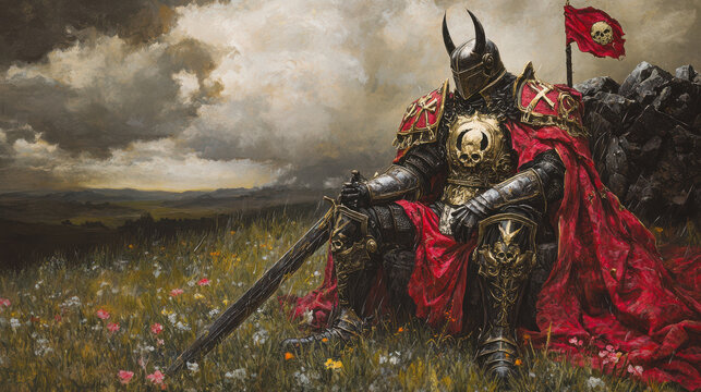 Grimdark Knight Resting in Meadow, Skull Flag Background