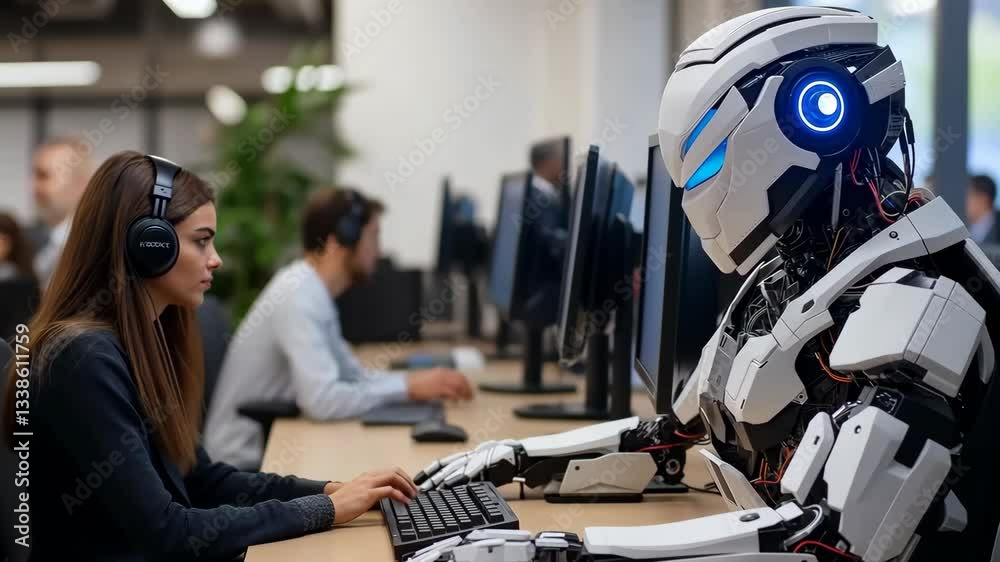 Poster in a tech workspace, a dedicated female employee collaborates with a humanoid robot, highlighting th