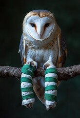 Injured Barn Owl on Branch, Wildlife Photography, Conservation