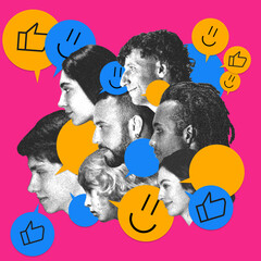 Faces forming visual narrative with reaction icons and dialogues. Brand engagement, consumer trust,...