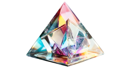 Holographic glass pyramid of 3D crystal triangles, futuristic and sci-fi aesthetic, Transparent Background PNG