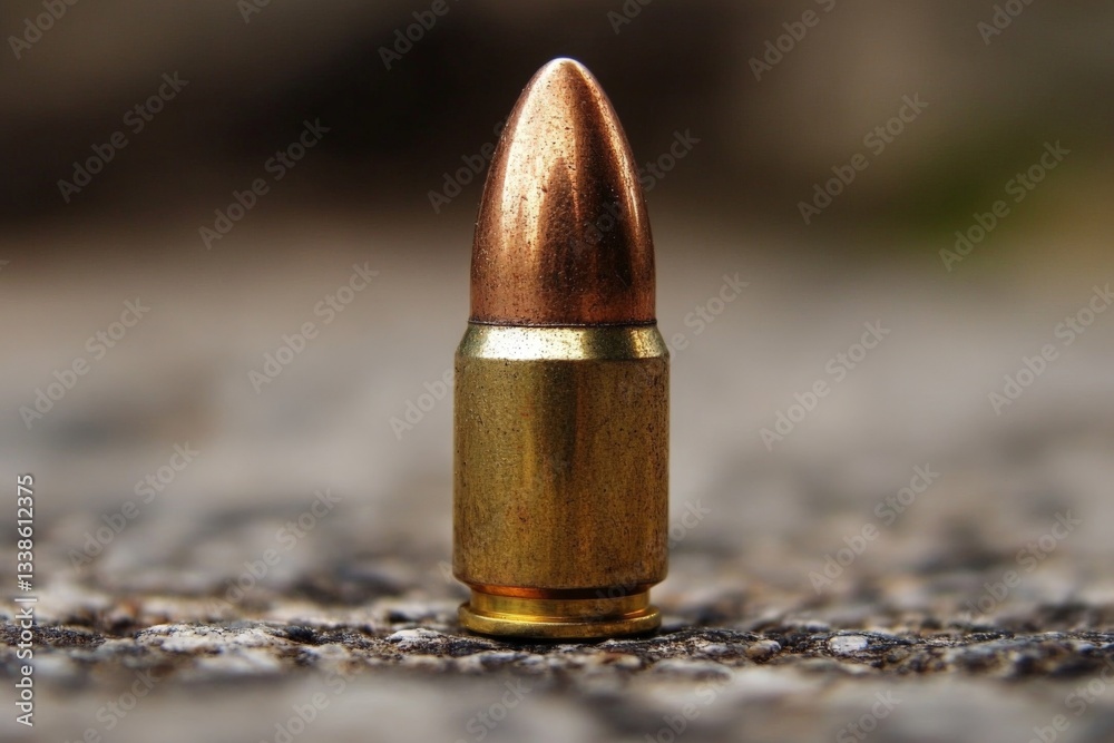 Poster metallic bullet sitting on a rough surface, showcasing intricate details and craftsmanship in bright