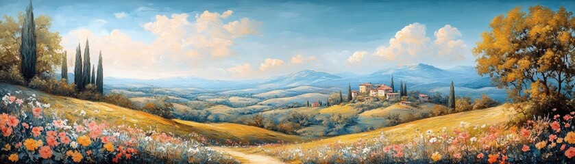 Obraz premium Tuscan landscape painting, idyllic scenery, rolling hills, wildflowers, cypress trees, villa, mountain view