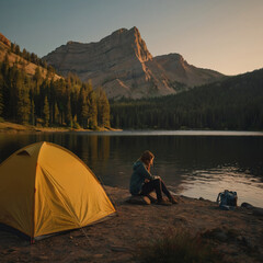 Sunset Camper . A solo traveler sets up a tent at a lakeside campsite, golden hour lighting. Outdoor recreation.