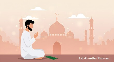Obraz premium Man Practicing Prayer in Front of Mosque During Eid Al-adha Celebration