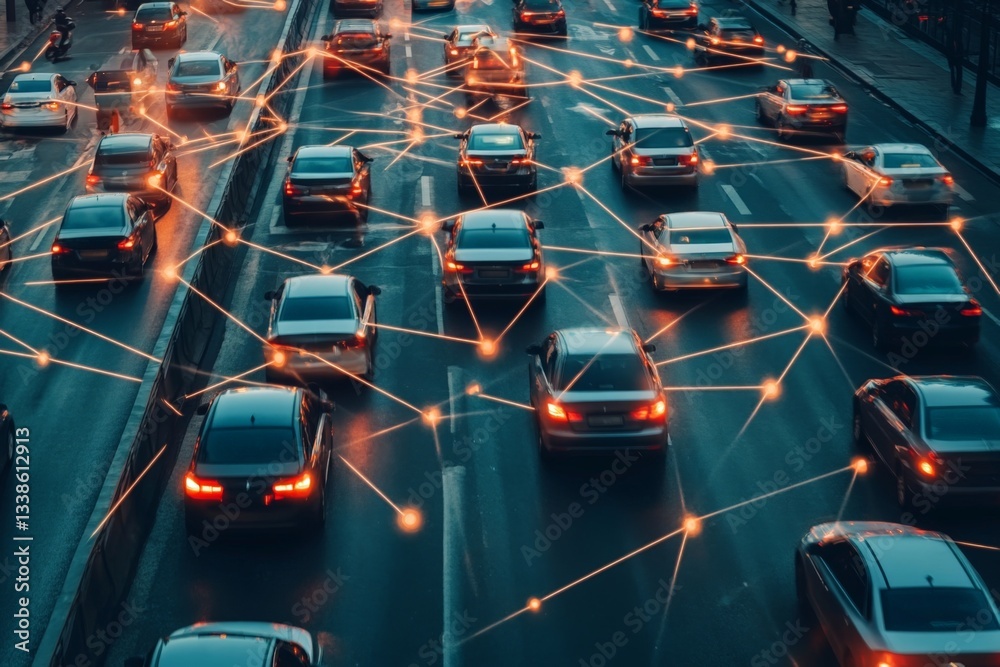 Poster traffic flow in a busy urban area with connected vehicles at dusk