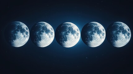 Obraz premium Five Full Moons in a Row Against a Dark Blue Starry Sky Showing Lunar Phases and Celestial Beauty in a Night Scene