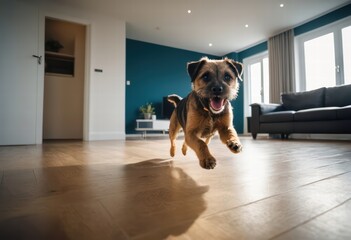 Naklejka na ściany i meble Border terrier running happy indoors in a modern and luxury living room of an apartment, cute doggy pet playing at home 
