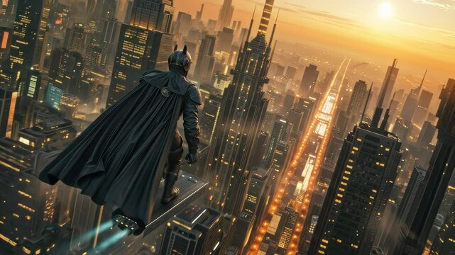 A man in a cape flying on a hoverboard against a futuristic backdrop