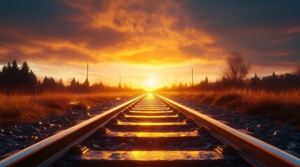 A dramatic sunset casts fiery colors over train tracks stretching through a serene landscape, inviting viewers to reflect on life's journeys and peaceful transitions.